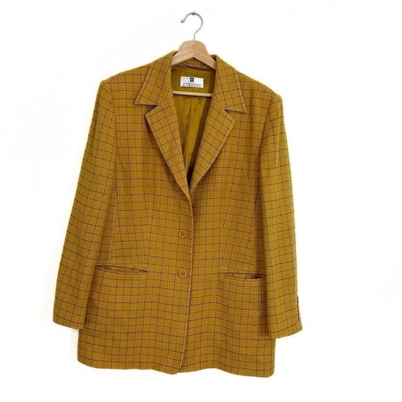 VTG Givenchy Women 14W Wool Yellow Oversized Plaid Boyfriend Blazer Jacket - Picture 1 of 7